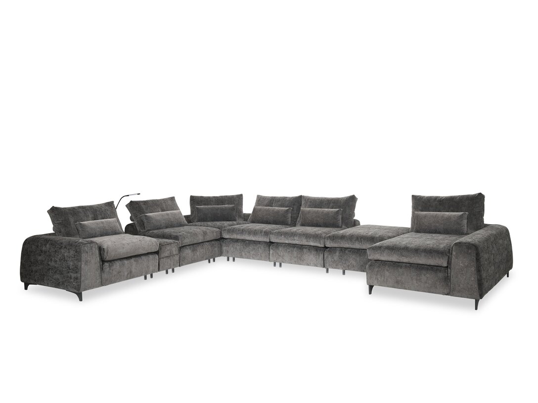 Narożnik KLER Idillio W202, kolor szary, materiał tkanina/skóra Silea / Perfetta, funkcje: ładowarka indukcyjna, lampka, panel zasilający, regulowana głębokość siedzisk manualnie, regulowane oparcia manualnie, szuflada, USB