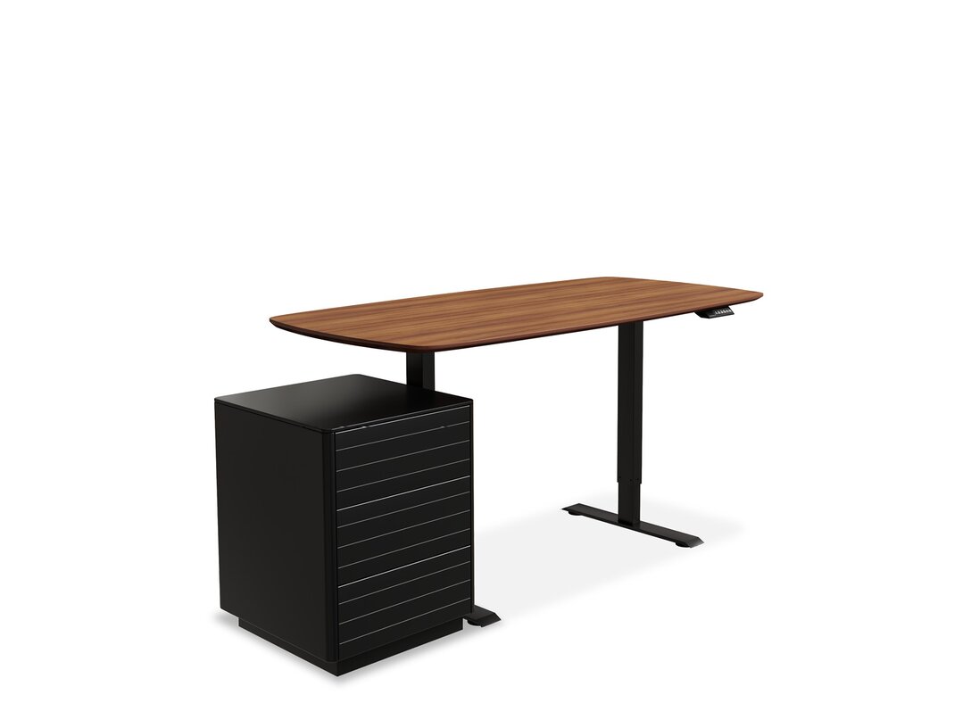 Nastavitelný pracovní stůl Kler Radius 160/185 cm x 80 cm, barva hnědá, materiál přírodní dýha - deska MDF