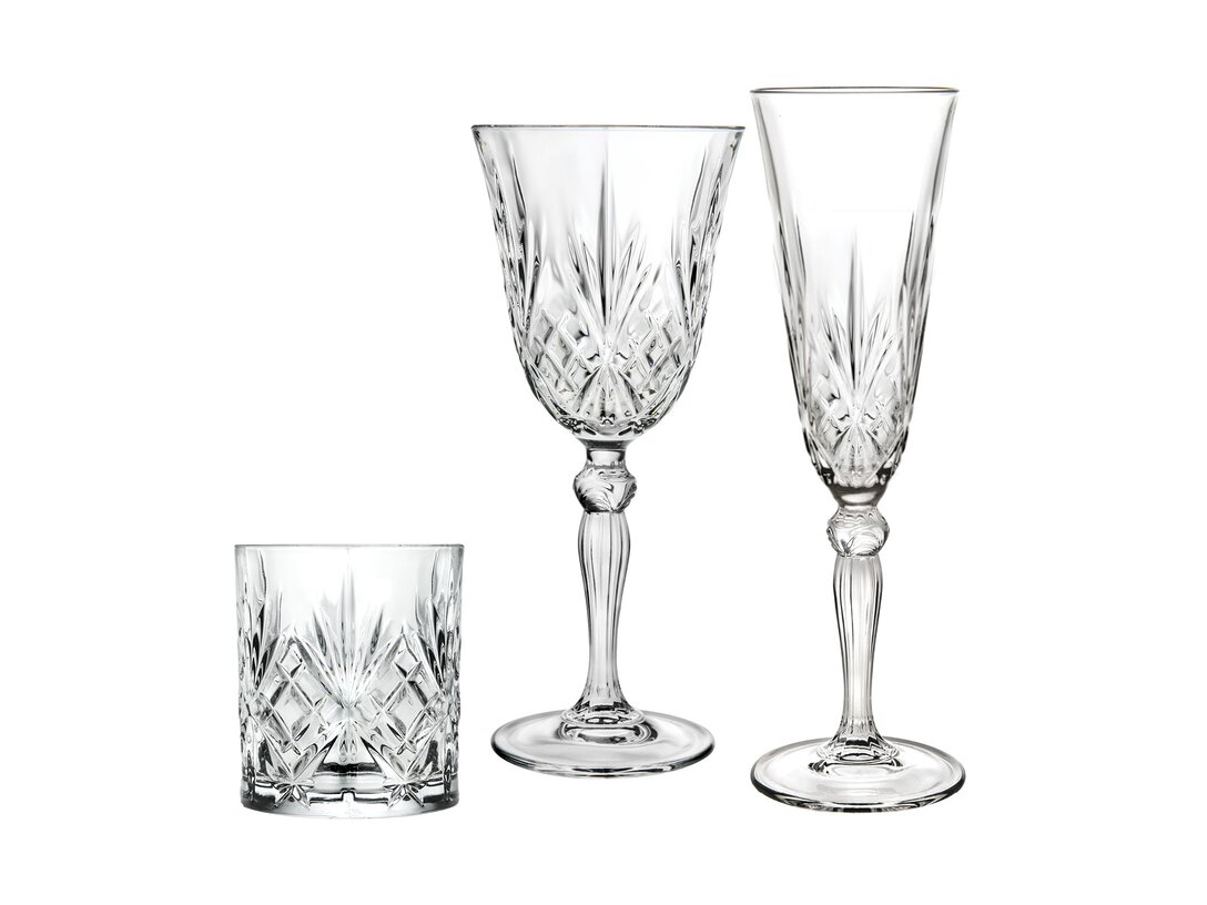 Zestaw kieliszków i szklanek 18 elementów RCR Melodia kieliszek do wina: 270 ml, kieliszek do szampana: 160 ml, szklanka: 310 ml, materiał szkło kryształowe, kolor transparentny