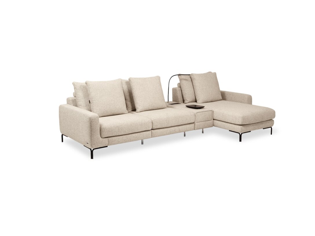 Rohová sedací souprava KLER Rialto W233, barva béžová, materiál tkanina Carrara, funkce: indukční nabíječka, lampa, napájecí panel, otočná deska, USB, zásuvka