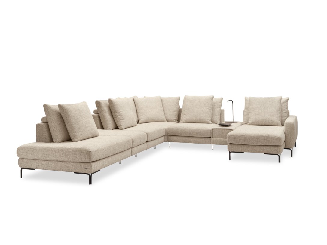 Rohová sedací souprava KLER Rialto W233, barva béžová, materiál tkanina Carrara, funkce: indukční nabíječka, lampa, napájecí panel, otočná deska, USB, zásuvka