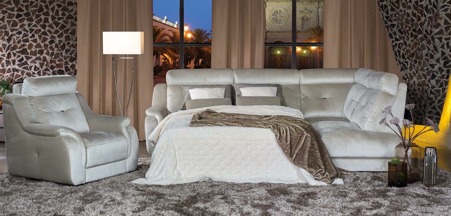 Zestaw wypoczynkowy (narożnik i fotel) Kler Sincope W174 biały tkanina z rozłożonym łóżkiem