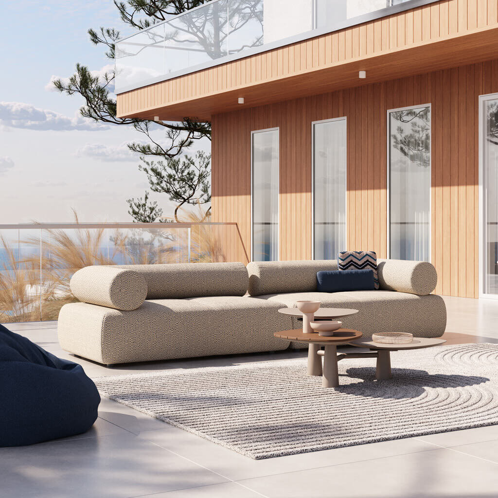 Kanapa modułowa Kler Coloratura w beżowej tkaninie outdoorowej – aranżacja