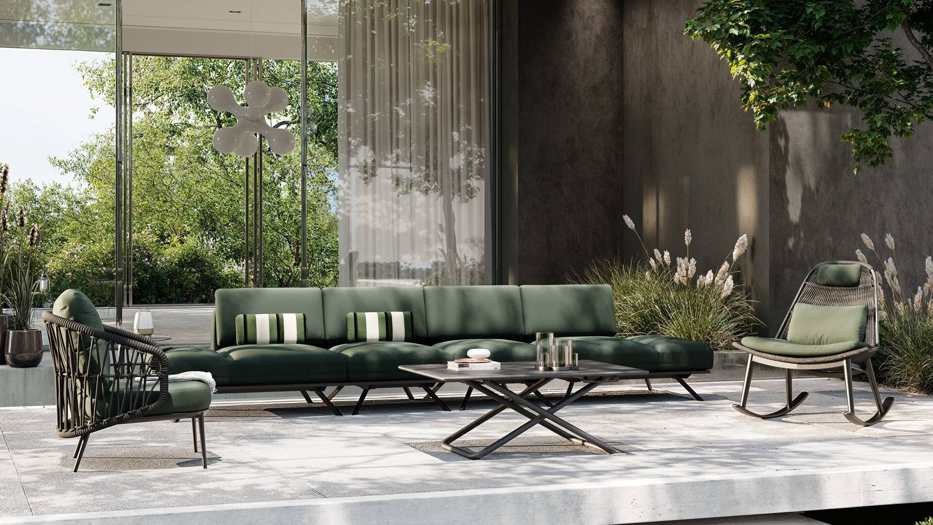 Kolekcja foteli outdoorowych Kler Garden Canarino W243 oraz Lucherino W244 zielone - aranżacja