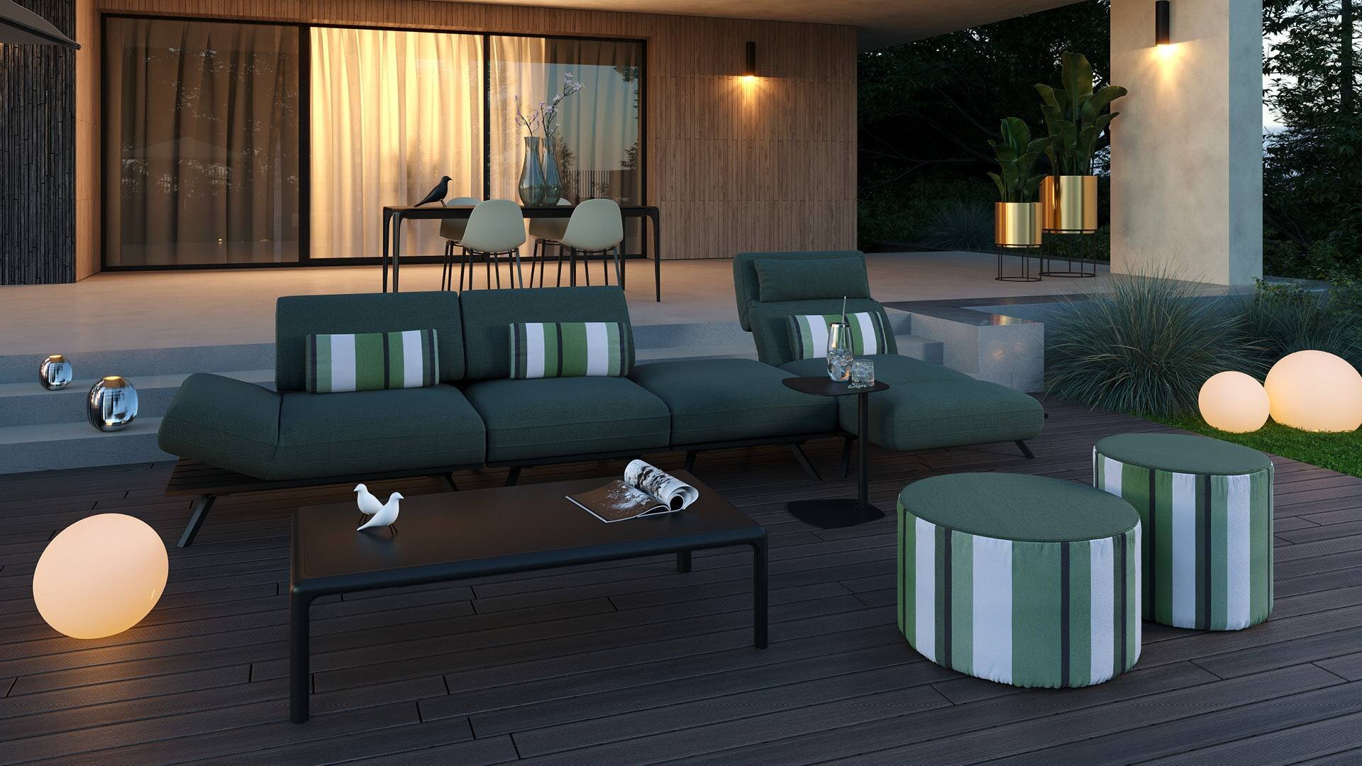 Kanapa Kler Paradiso W205 z poduszkami w tkaninie zielonej z pufem outdoor Kler Rollo – aranżacja