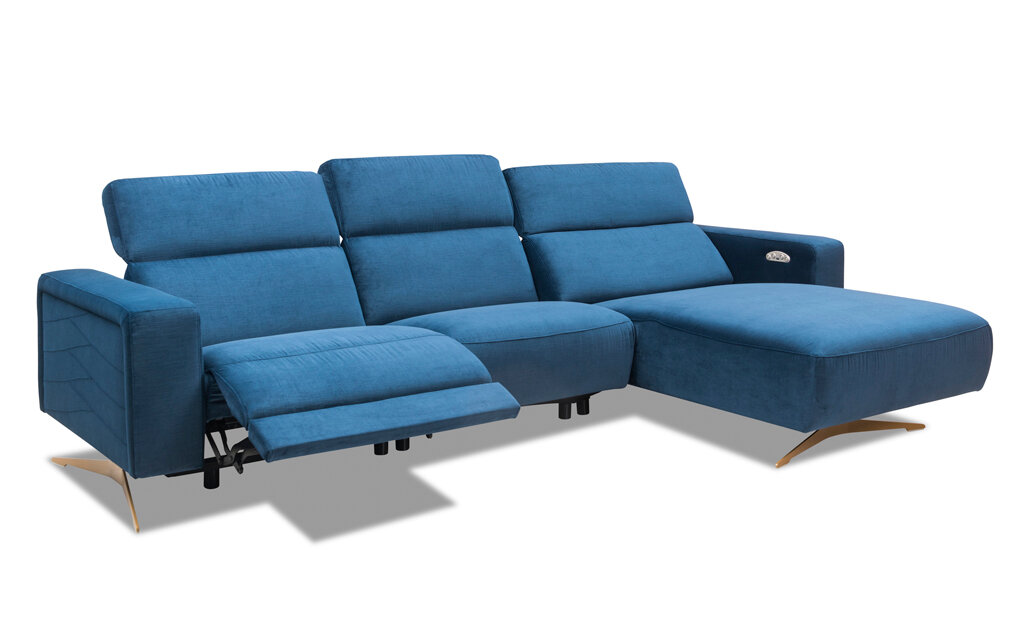 Narożnik Kler Sonore W200 niebieska tkanina włączona funkcja relaks (recliner)