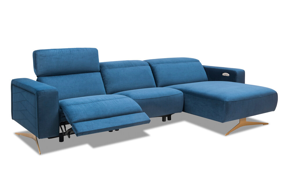Narożnik Kler Sonore W200 niebieska tkanina włączona funkcja relaks (recliner)